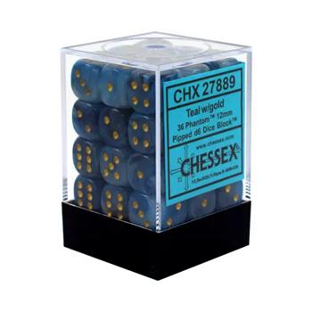 Chessex Sada 6-stěnných kostek 12mm - Modro-zelená se zlatými tečkami (36x)