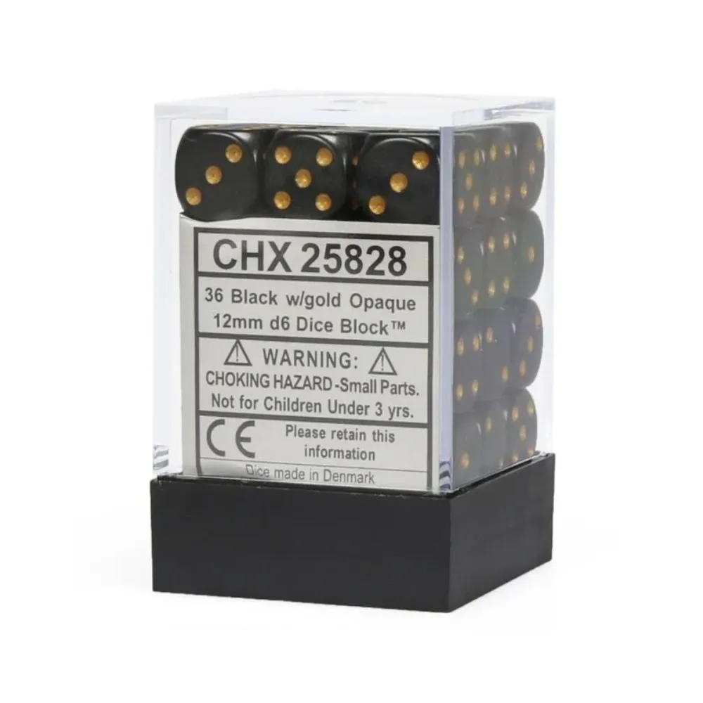 Levně Chessex sada 6-stěnných kostek 12mm – Opaque Black/gold (36 ks)