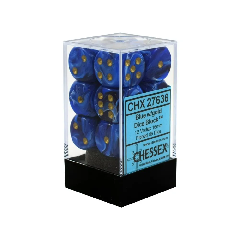Levně Chessex sada 6-stěnných kostek 16mm –Vortex Blue/gold (12 ks)