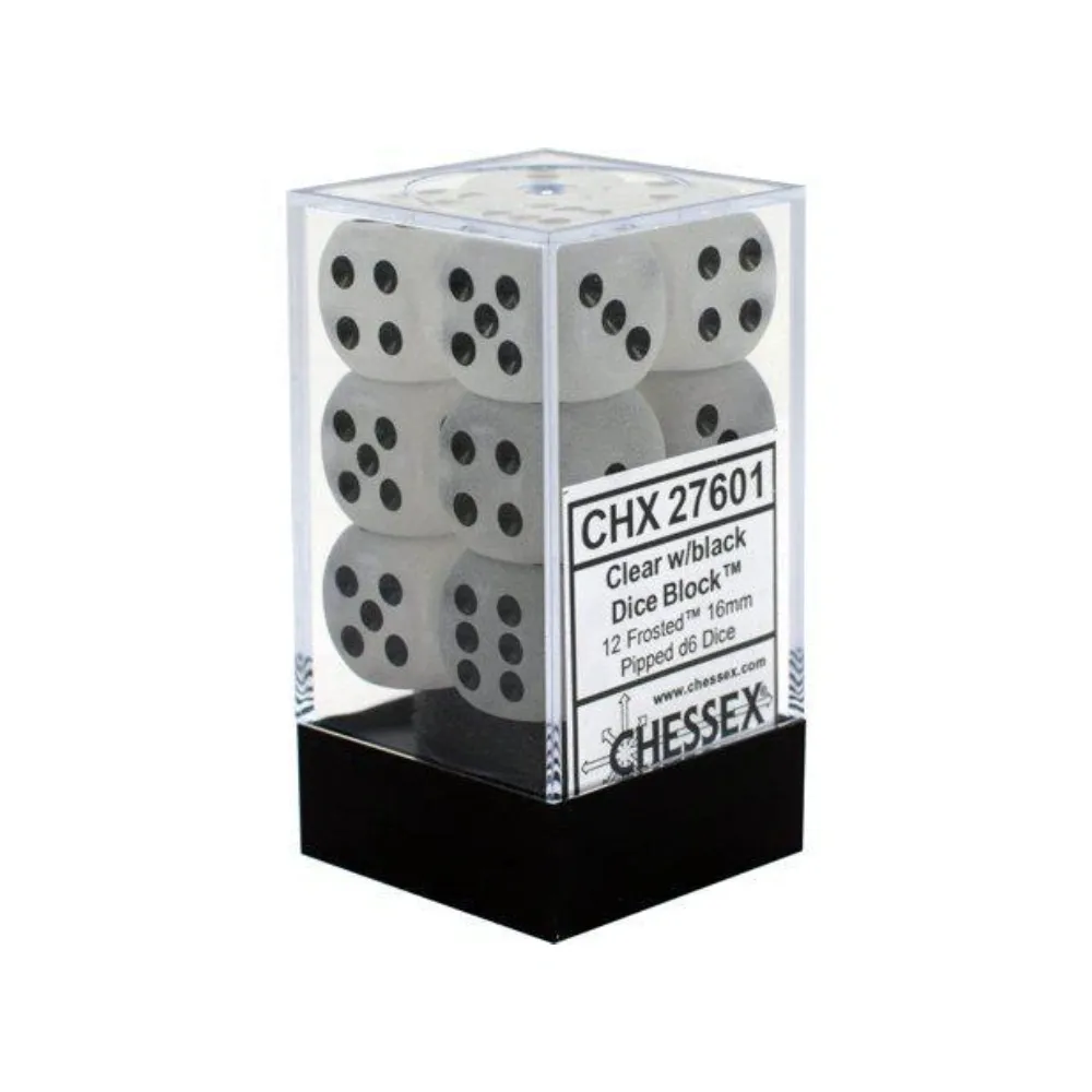 Levně Chessex sada 6-stěnných kostek 16mm – Frosted Clear/black (12 ks)
