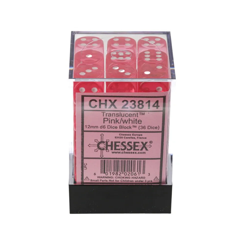 Chessex sada 6-stěnných kostek 12mm – Translucent Pink/white (36 ks)