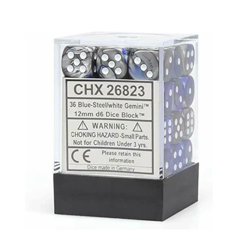 Levně Chessex sada 6-stěnných kostek 12mm – Gemini Blue-Steel/white (36 ks)