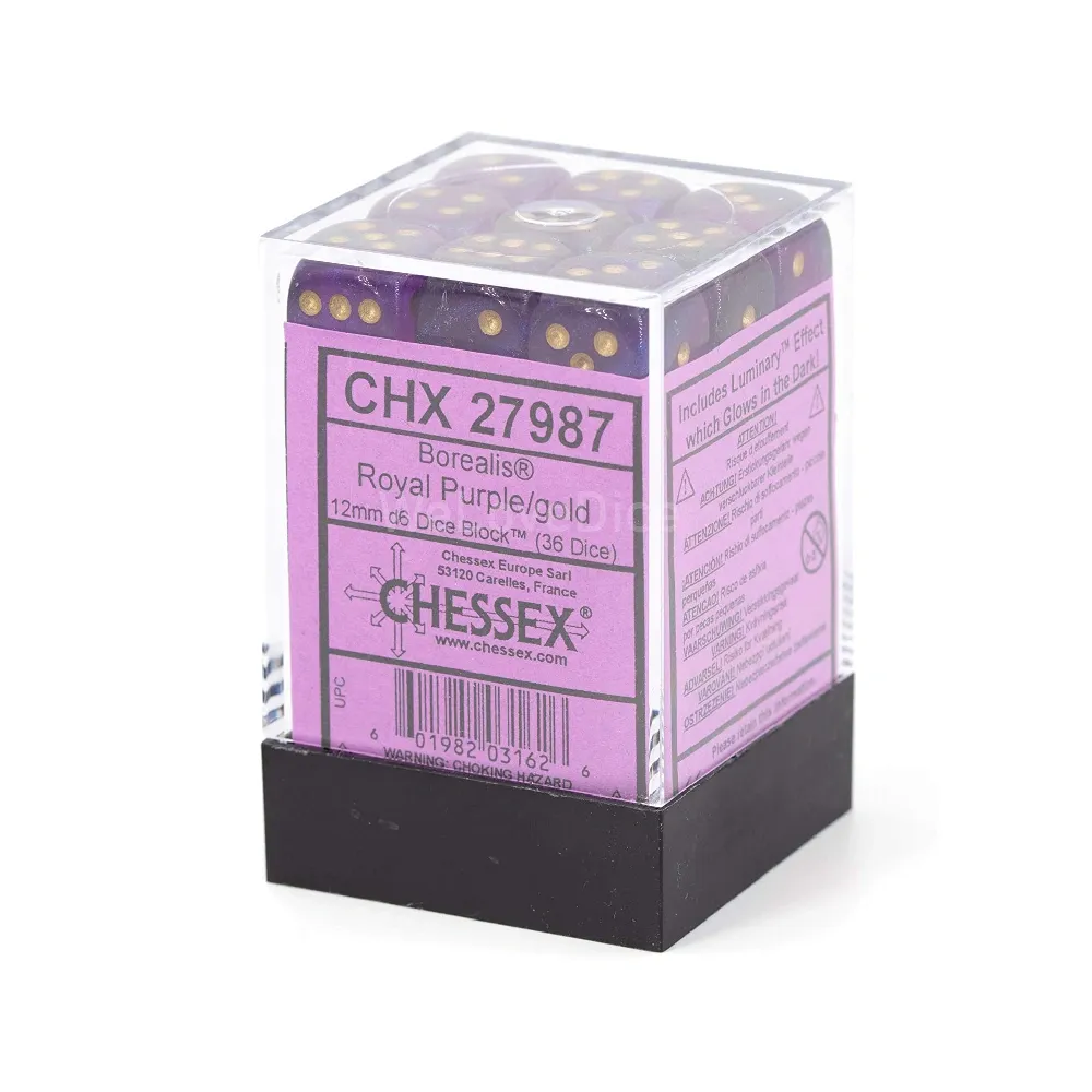 Levně Chessex sada 6-stěnných kostek 12mm – Borealis Royal Purple/gold Luminary (36 ks)