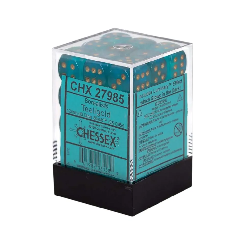 Levně Chessex sada 6-stěnných kostek 12mm – Borealis Teal/gold Luminary (36 ks)