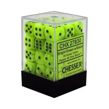 Levně Chessex sada 6-stěnných kostek 12mm – Vortex Bright Green/black (36 ks)