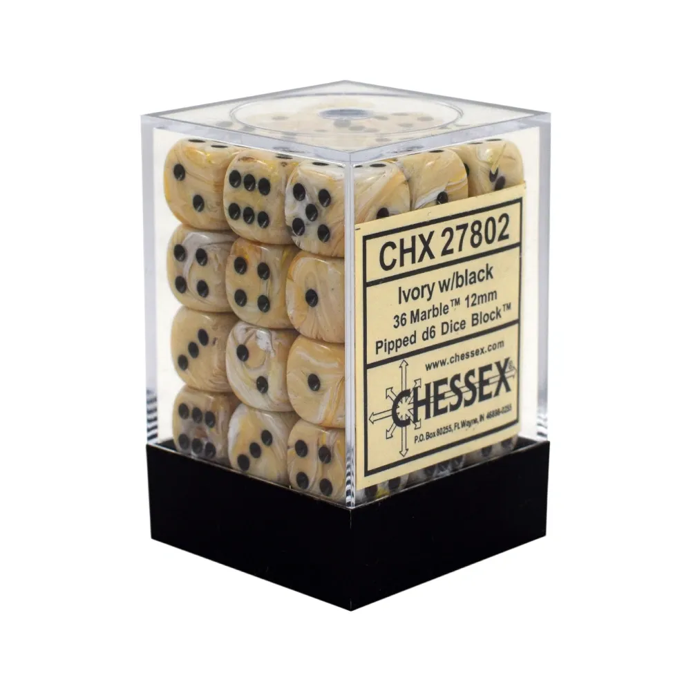 Chessex Sada 6-stěnných kostek 12mm – Marble Ivory/black (36x)