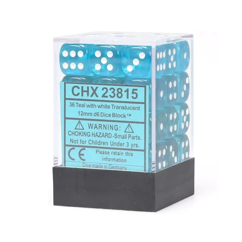 Levně Chessex sada 6-stěnných kostek 12mm – Translucent Teal/white (36 ks)