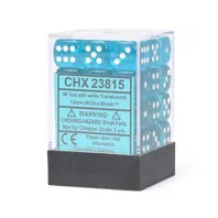 Chessex sada 6-stěnných kostek 12mm – Translucent Teal/white (36 ks)