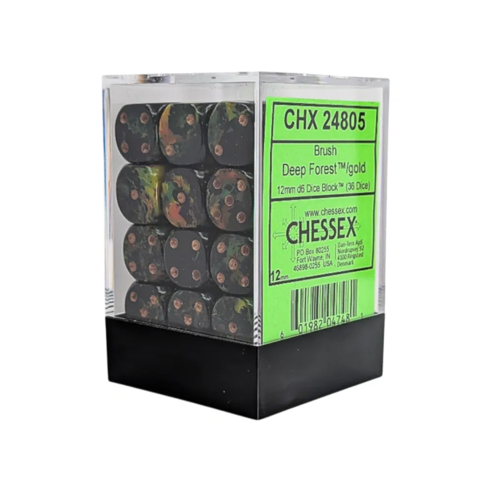 Chessex sada 6-stěnných kostek 12mm – Brush Deep Forest/gold (36 ks)