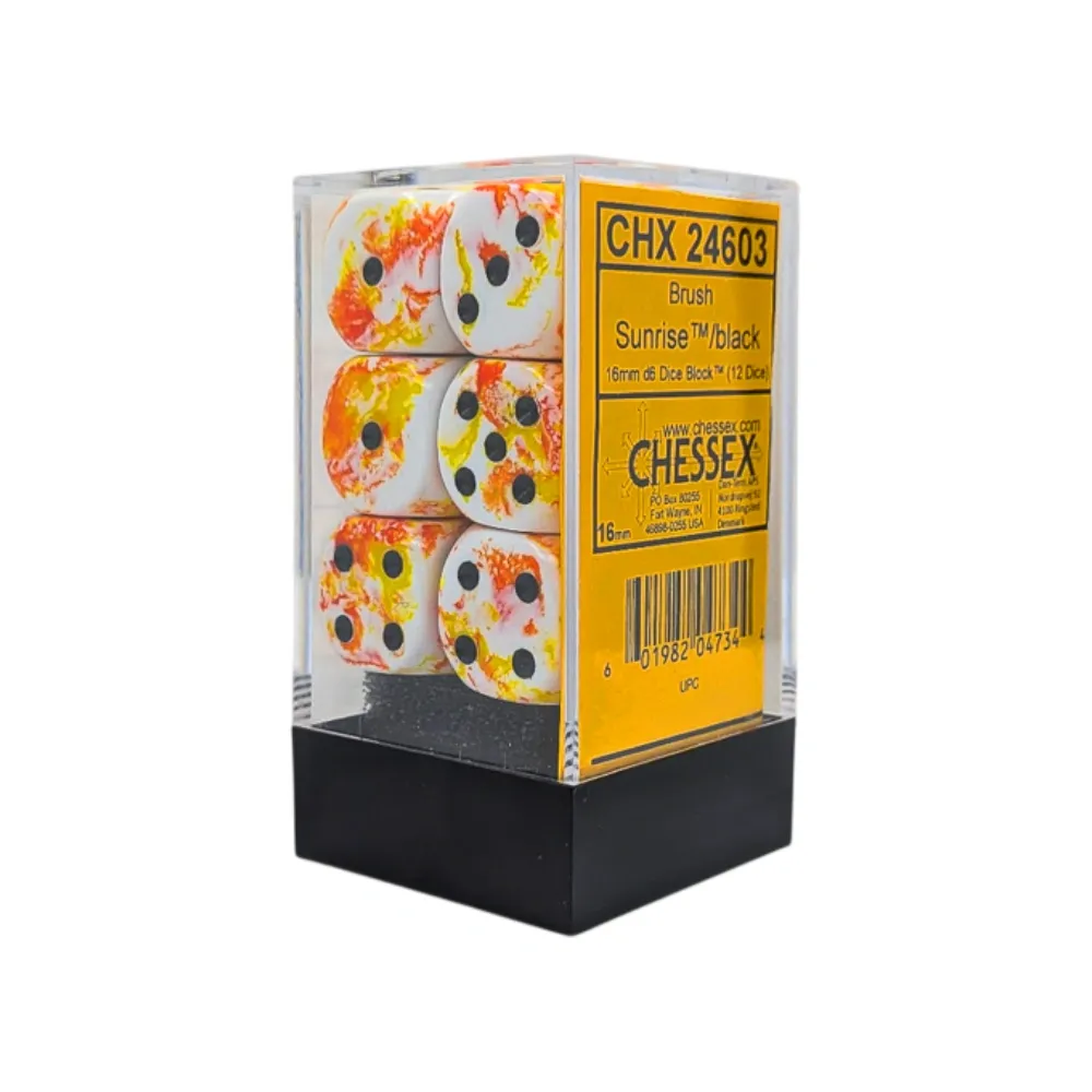 Chessex sada 6-stěnných kostek 16mm – Brush Sunrise/black (12 ks)
