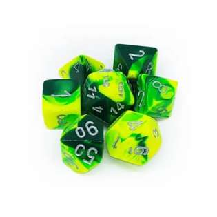 Chessex sada 7 vícestěnných kostek - Zeleno-žlutá se stříbrnými čísly