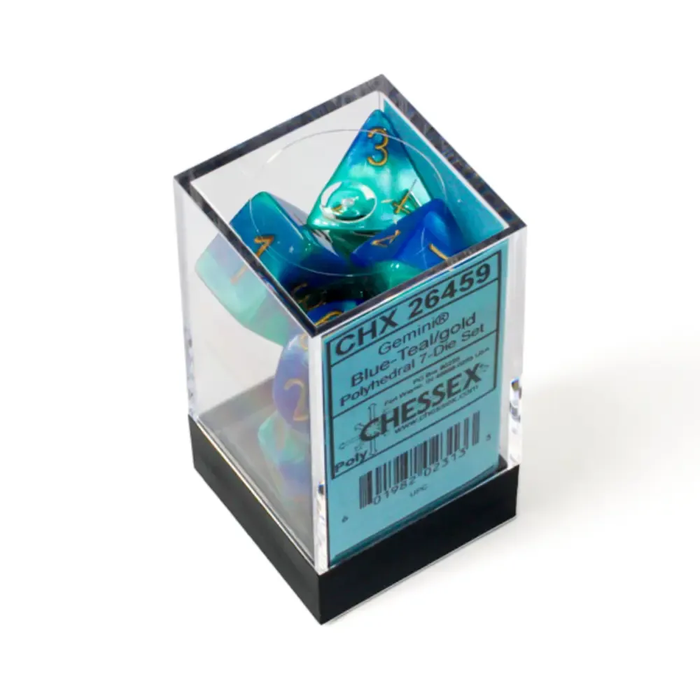 Chessex sada 7 vícestěnných kostek - tmavě modro-zelená/modrá se zlatými čísly