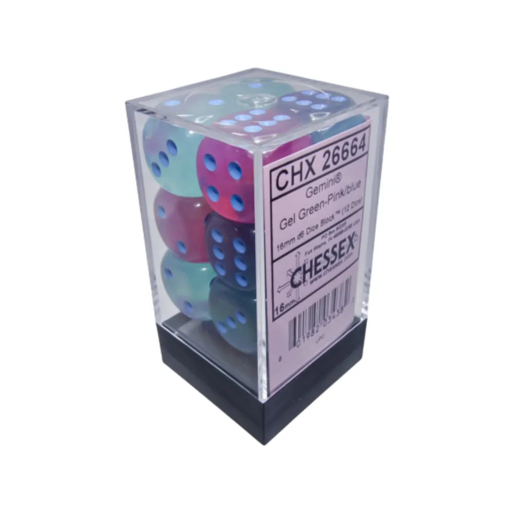Levně Chessex sada 6-stěnných kostek 16mm – Gemini Gel Green-Pink/blue Luminary (12 ks)