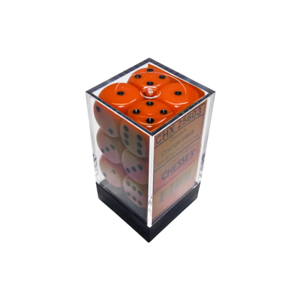 Chessex sada 6-stěnných kostek 16mm – Opaque Orange/black (12 ks)