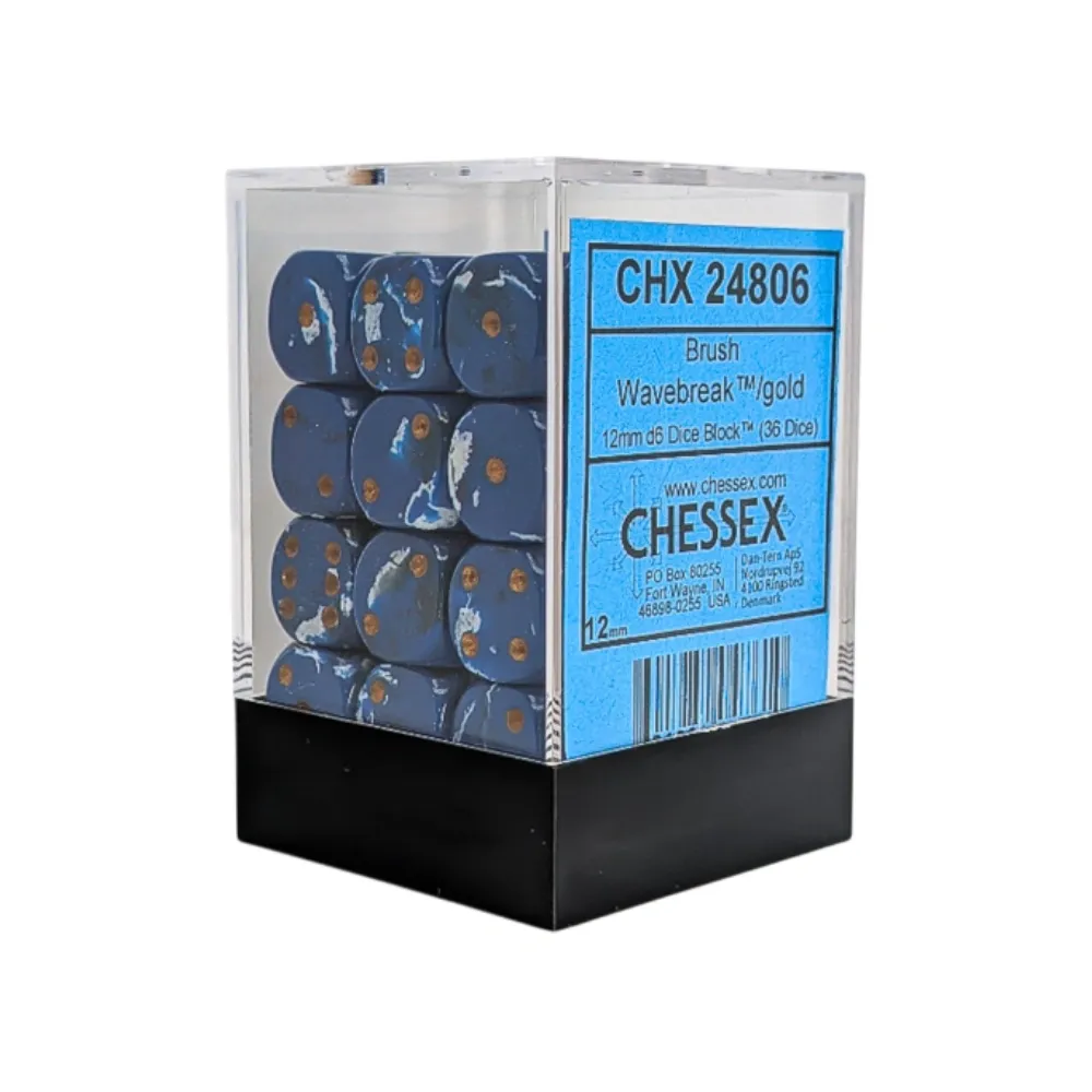 Chessex sada 6-stěnných kostek 12mm – Brush Wavebreak/gold (36 ks)