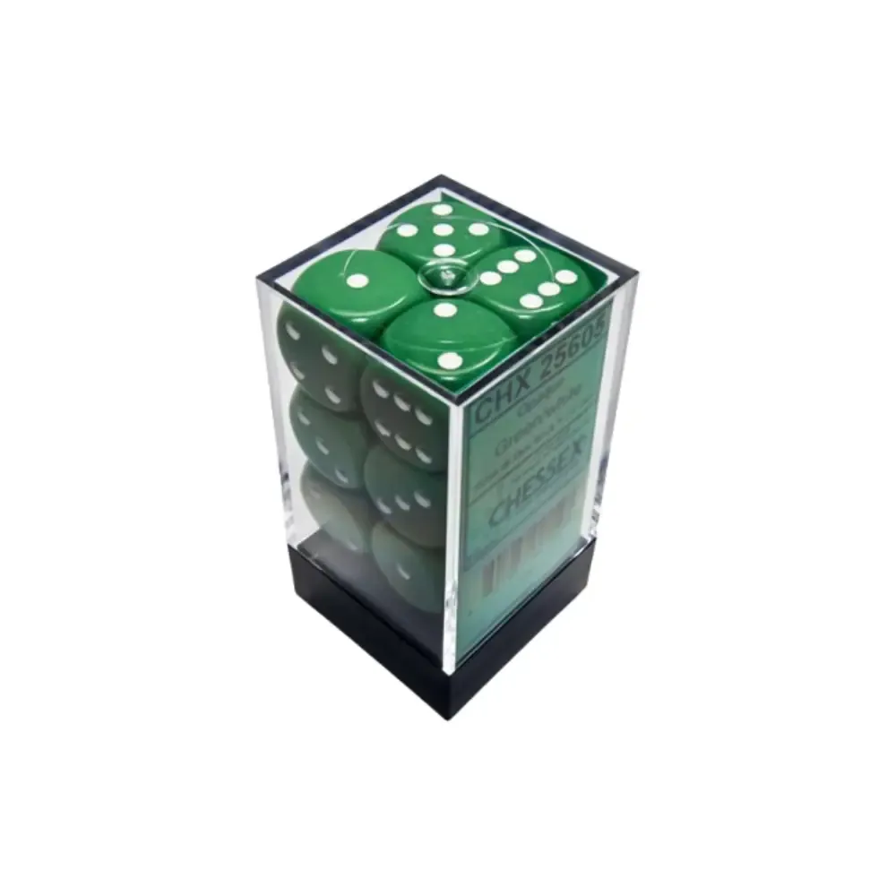 Chessex sada 6-stěnných kostek 16mm – Opaque Green/white (12 ks)